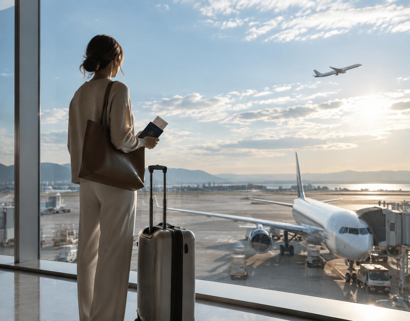 Traveller holding a passport while watching aircraft from an airport window